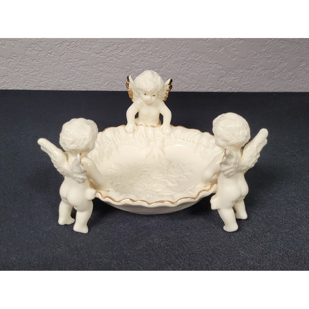 Vintage Ivory Porcelain Cherub Angel Trinket Dish Soap Bowl Gold Trim Unmarked